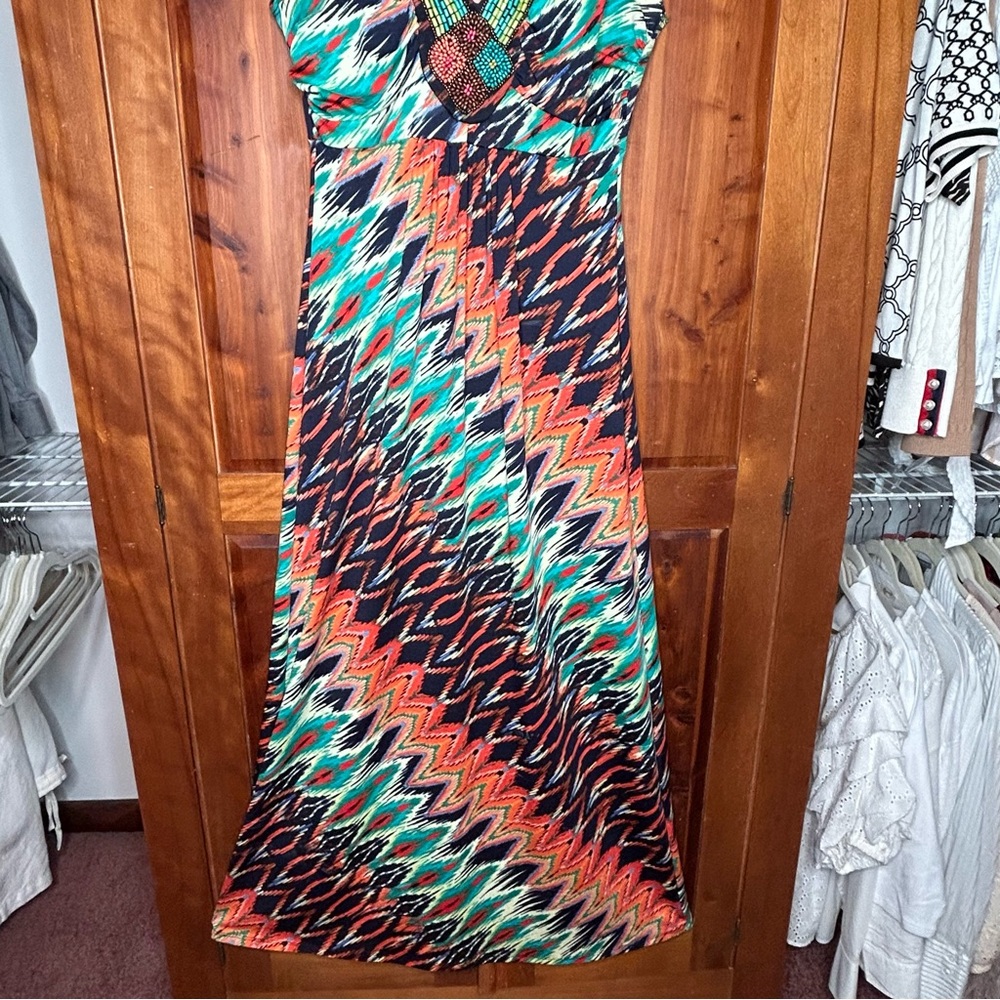 NY Collection Vintage Multicolor Zigzag Beaded Boho Maxi Sleeveless Dress Island - Picture 5 of 17